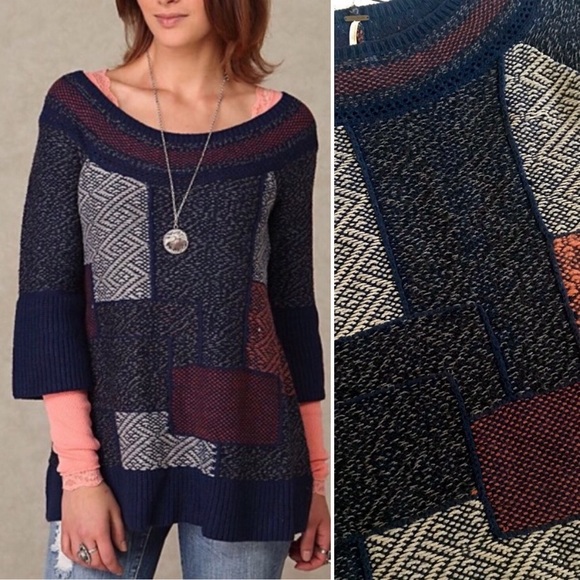 Free People Patchwork Bell Sleeve Tunic Sweater XS - Picture 1 of 7
